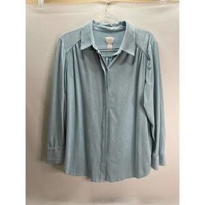 Chico's Faux Suede Light Weight Light Blue Button Down Long Sleeve Size Large /2